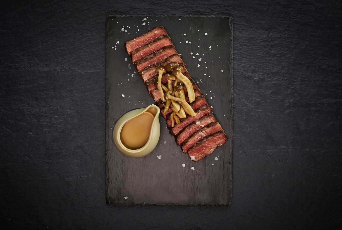 Seared flat iron steak with mushrooms